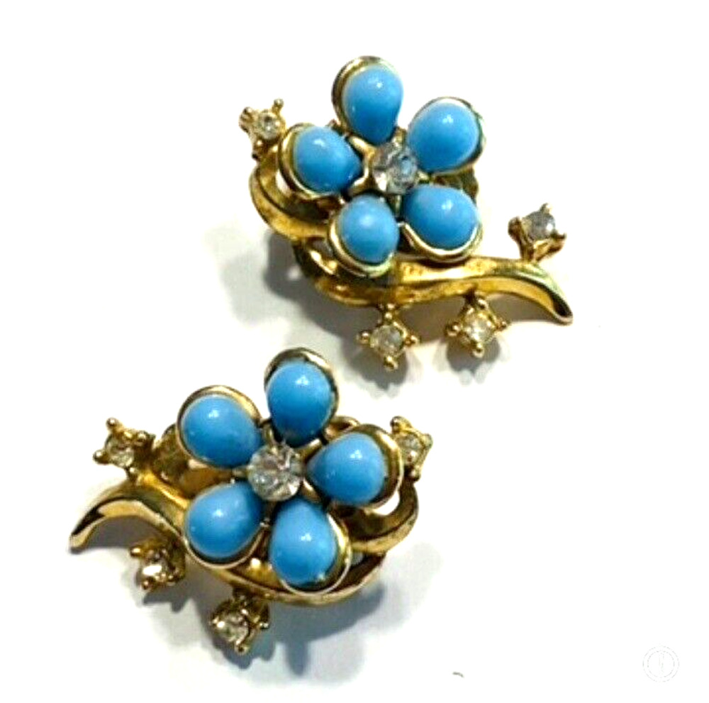 Clip On Earrings Gold & Light Blue Beaded Flower Power Designs Mid Century 50's